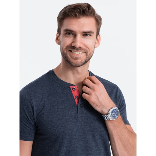 T-shirt męski bez nadruku z guzikami - granatowy V5 S1390 ze sklepu ombre w kategorii T-shirty męskie - zdjęcie 176237933