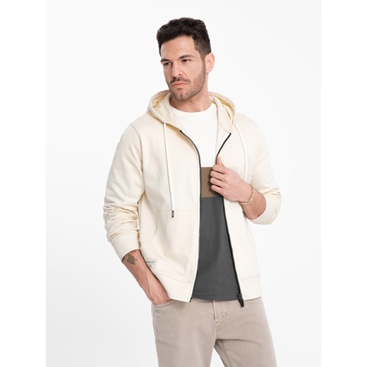 Męska bluza dresowa BASIC rozpinana z kapturem - kremowa V11 OM-SSBZ-0178 L ombre