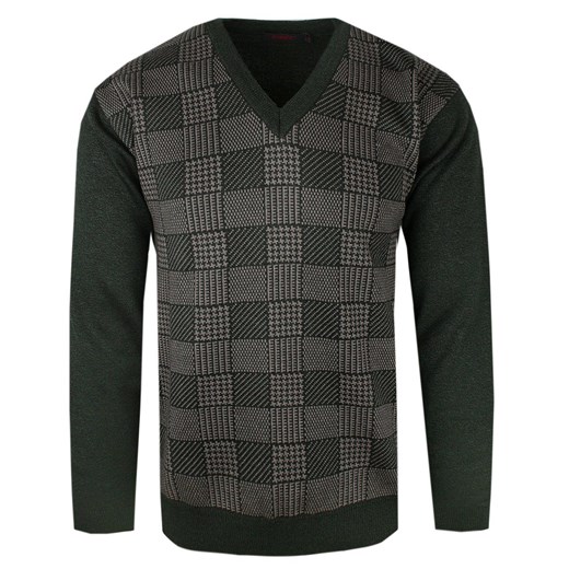 Ciemnooliwkowy Sweter w Szachownice (U-neck) - Kings SWKNGS67406czarnaoliwkaV ze sklepu JegoSzafa.pl w kategorii Swetry męskie - zdjęcie 176245792