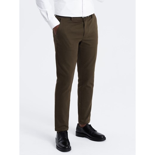 Spodnie męskie chino SLIM FIT z delikatną teksturą - ciemnooliwkowe V4 OM-PACP-0190 ze sklepu ombre w kategorii Spodnie męskie - zdjęcie 176245821