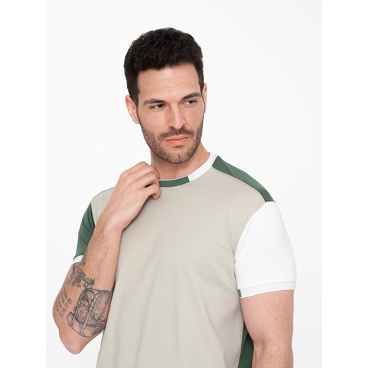 T-shirt męski z elastanem z kolorowymi rękawami - zielony V5 OM-TSCT-0176 ze sklepu ombre w kategorii T-shirty męskie - zdjęcie 176245913