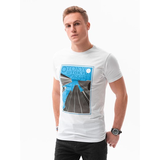 T-shirt męski z nadrukiem - biały V-5A S1434 ze sklepu ombre w kategorii T-shirty męskie - zdjęcie 176246053