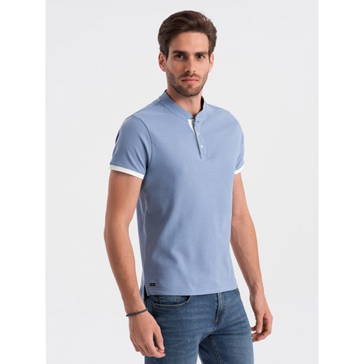 Koszulka męska polo bez kołnierzyka - niebieska V3 OM-TSCT-0156 ze sklepu ombre w kategorii T-shirty męskie - zdjęcie 176246090