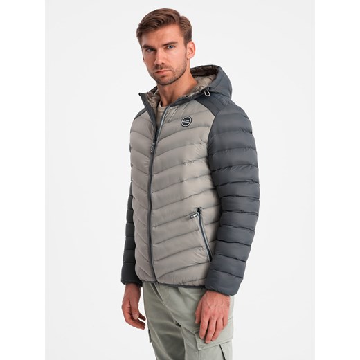 Nylonowa dwukolorowa pikowana męska kurtka w stylu sportowym – popielata V11 OM-JALP-0185 ze sklepu ombre w kategorii Kurtki męskie - zdjęcie 176246110
