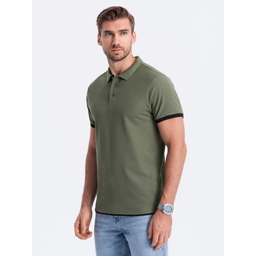 Męska bawełniana koszulka polo z kontrastowymi wykończeniami – oliwkowa V6 OM-POSS-0113 ze sklepu ombre w kategorii T-shirty męskie - zdjęcie 176246222