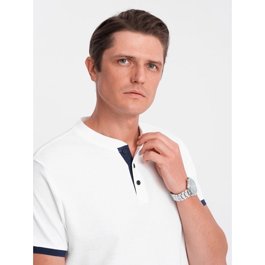Koszulka męska polo bez kołnierzyka - biała V1 OM-TSCT-0156 ze sklepu ombre w kategorii T-shirty męskie - zdjęcie 176246350