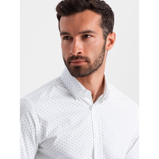 Klasyczna męska bawełniana koszula SLIM FIT w mikro wzór - biała V1 OM-SHCS-0156 ze sklepu ombre w kategorii Koszule męskie - zdjęcie 176248052