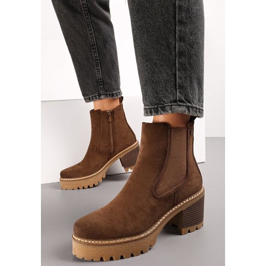 Brązowe Botki z Imitacji Zamszu na Niskim Słupku i Platformie Jaxston Renee 37 renee.pl