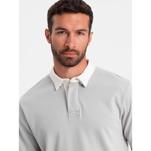 Bluza męska z białym kołnierzykiem polo - popielata V7 OM-SSNZ-0132 ze sklepu ombre w kategorii Bluzy męskie - zdjęcie 176261431