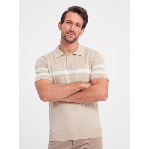Męska koszulka polo z miękkiej dzianiny z kontrastowymi pasami - beżowa V4 OM-POSS-0118 ze sklepu ombre w kategorii T-shirty męskie - zdjęcie 176261452