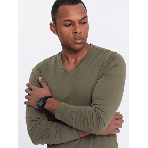Longsleeve męski bez nadruku z dekoltem w serek - ciemnooliwkowy V2 OM-LSBL-0108 ze sklepu ombre w kategorii T-shirty męskie - zdjęcie 176261592