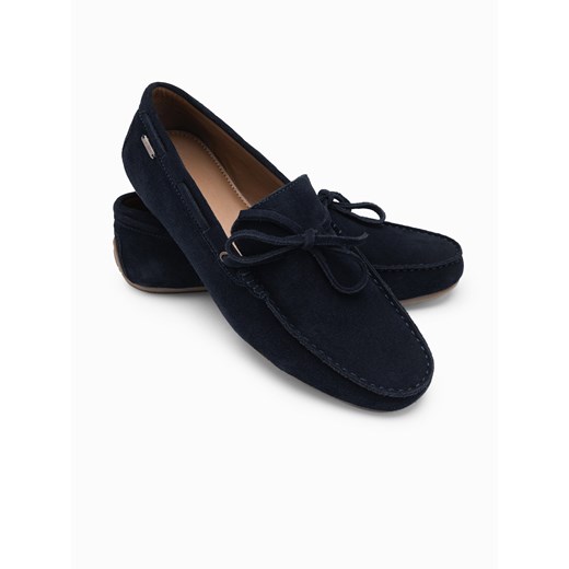 Męskie buty mokasyny skórzane z rzemykiem i podeszwą driver - granatowe V4 OM-FOCS-0150 ze sklepu ombre w kategorii Mokasyny męskie - zdjęcie 176262003