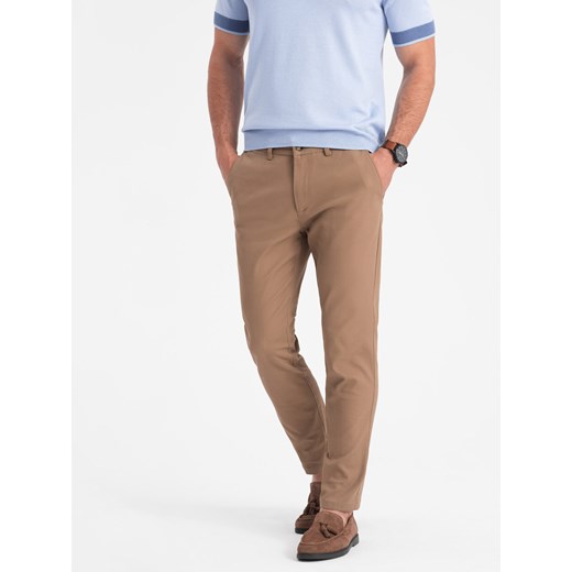 Spodnie męskie chino SLIM FIT - jasnobrązowe V2 OM-PACP-0186 ze sklepu ombre w kategorii Spodnie męskie - zdjęcie 176262074