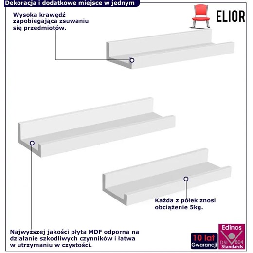 Komplet 3 białych półek ściennych połysk - Aliew Elior One Size Edinos.pl