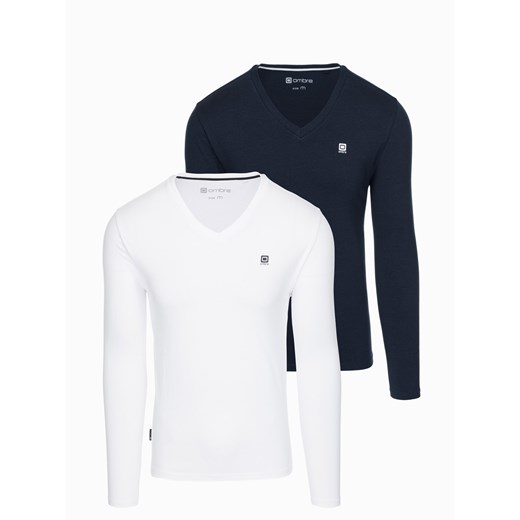 Zestaw męskich longsleeve'ów SLIM FIT z dekoltem typu V i logotypem 2-pak– mix biały/granatowy V1 Z87 ze sklepu ombre w kategorii T-shirty męskie - zdjęcie 176265992
