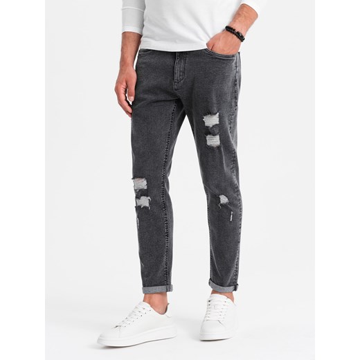 Washowane męskie spodnie jeansowe TAPERED FIT z przetarciami – grafitowe V3 OM-PADP-0163 ze sklepu ombre w kategorii Jeansy męskie - zdjęcie 176266014