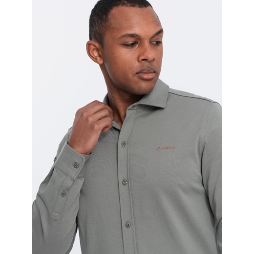 Bawełniana męska koszula REGULAR z dzianiny single jersey - jasny khaki V4 S ombre