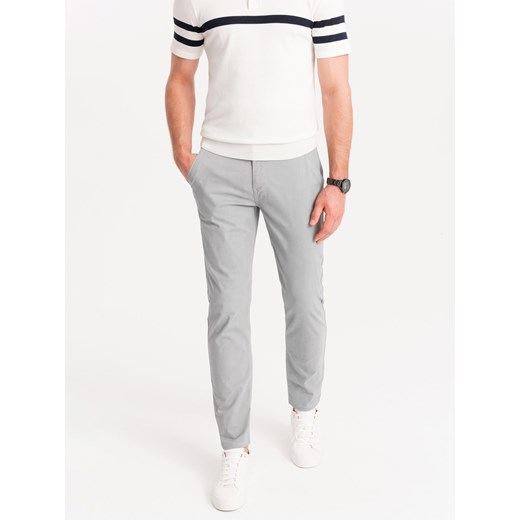 Spodnie męskie chino z ozdobną taśmą w pasie SLIM FIT – szare V6 OM-PACP-0118 ze sklepu ombre w kategorii Spodnie męskie - zdjęcie 176277823