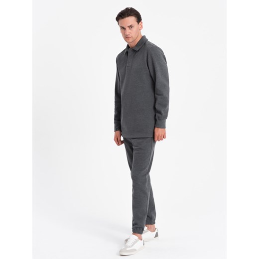Komplet męski dresowy bluza z kołnierzem polo + spodnie - grafitowy melanż V1 Z71 ze sklepu ombre w kategorii Bluzy męskie - zdjęcie 176281590