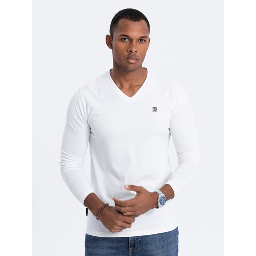 Longsleeve męski z elastanem sygnowany z dekoltem w serek - biały V1 OM-LSCL-0110 ze sklepu ombre w kategorii T-shirty męskie - zdjęcie 176281730