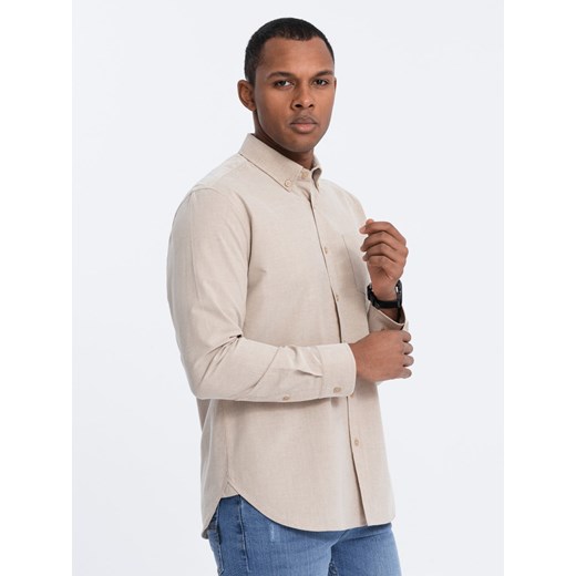 Koszula męska bawełniana REGULAR FIT z kieszenią - beżowy V1 OM-SHOS-0153 ze sklepu ombre w kategorii Koszule męskie - zdjęcie 176282214