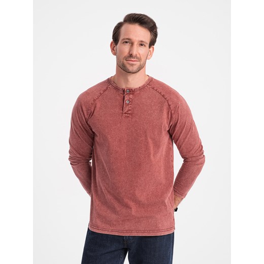 Longsleeve męski washowany henley z raglanowymi rękawami - ceglasty V3 L ombre