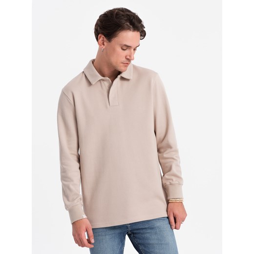 Bluza męska z kołnierzykiem polo ze strukturalnej dzianiny - beżowa V2  OM-SSNZ-0149 ze sklepu ombre w kategorii Bluzy męskie - zdjęcie 176291362