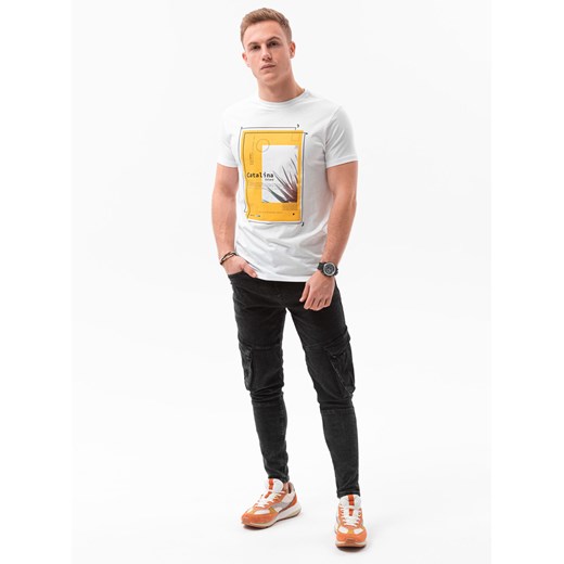 T-shirt męski z nadrukiem - biały V-13A S1434 ze sklepu ombre w kategorii T-shirty męskie - zdjęcie 176291503