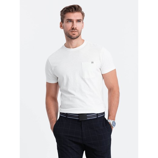 Dzianinowy T-shirt męski z naszytą kieszonką - ecru V7 S1621 XXL okazja ombre