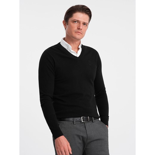 Sweter męski z dekoltem "w serek" z koszulowym kołnierzykiem - czarny V1 OM-SWSW-0102 ze sklepu ombre w kategorii Swetry męskie - zdjęcie 176297751
