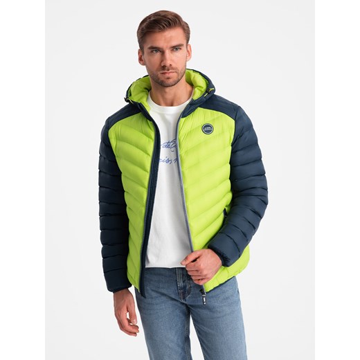 Nylonowa pikowana kurtka męska w stylu sportowym – limonkowa V4 OM-JALP-0185 XL ombre