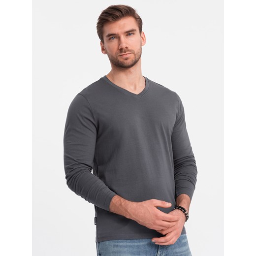 Longsleeve męski bez nadruku z dekoltem w serek - grafitowy V4 OM-LSBL-0108 ze sklepu ombre w kategorii T-shirty męskie - zdjęcie 176297900