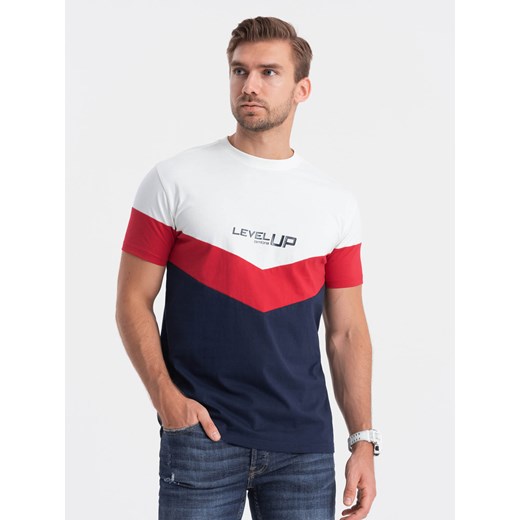 T-shirt męski bawełniany trójkolorowy z logo- granatowo-czerwony V5 S1747 XXL wyprzedaż ombre