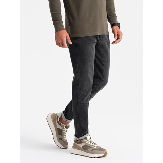Spodnie męskie jeansowe TAPERED FIT z przeszyciami i podwiniętymi nogawkami – czarne V3 OM-PADP-0161 ze sklepu ombre w kategorii Spodnie męskie - zdjęcie 176299471