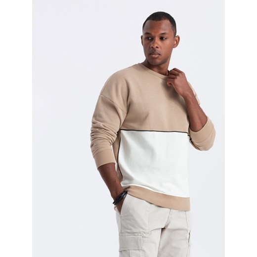 Bluza męska OVERSIZE z kontrastowym łączeniem kolorów - beżowa V2 OM-SSNZ-0130 ze sklepu ombre w kategorii Bluzy męskie - zdjęcie 176299513