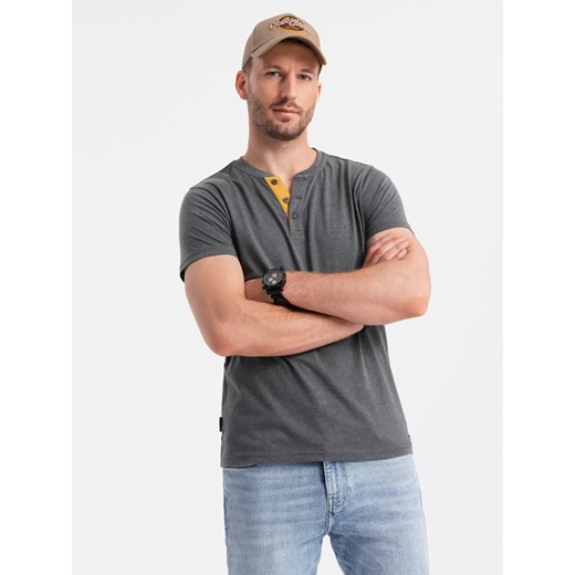 T-shirt męski z okrągłym rozpinanym dekoltem henley – grafitowy V6 OM-TSCT-0155 ze sklepu ombre w kategorii T-shirty męskie - zdjęcie 176299613