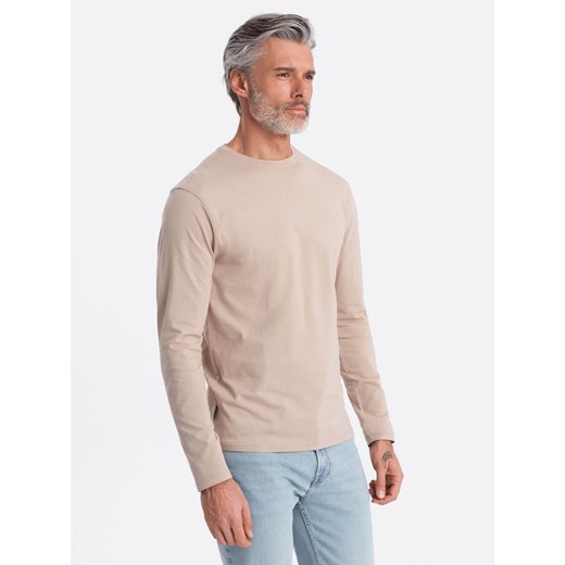 Męski longsleeve BASIC z okrągłym dekoltem - beżowy V8 OM-LSBL-0106 ze sklepu ombre w kategorii T-shirty męskie - zdjęcie 176302313