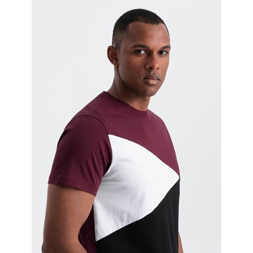 Męski t-shirt trójkolorowy bawełniany - bordowo-czarny V5 OM-TSCT-0174 ze sklepu ombre w kategorii T-shirty męskie - zdjęcie 176304251