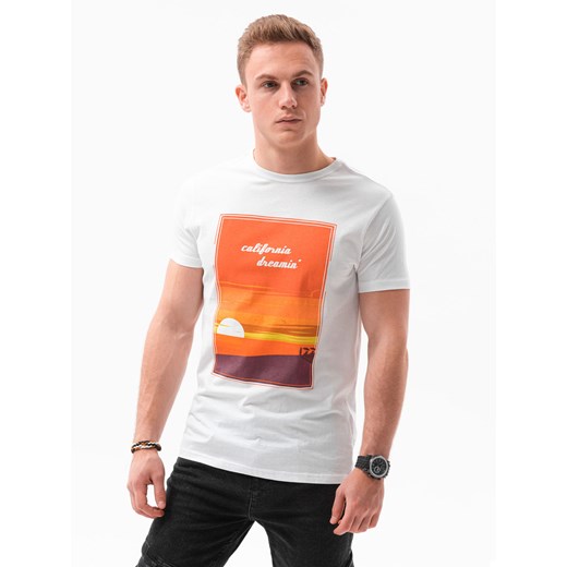 T-shirt męski z nadrukiem - biały V-1A S1434 XL okazyjna cena ombre