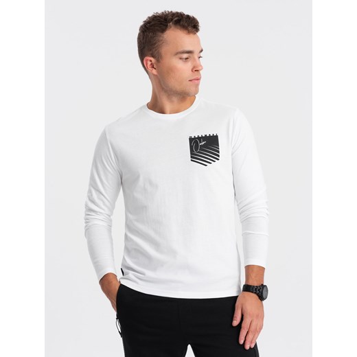 Longsleeve męski z printem w kształcie kieszonki - biały V1 OM-LSPT-0118 ze sklepu ombre w kategorii T-shirty męskie - zdjęcie 176304483