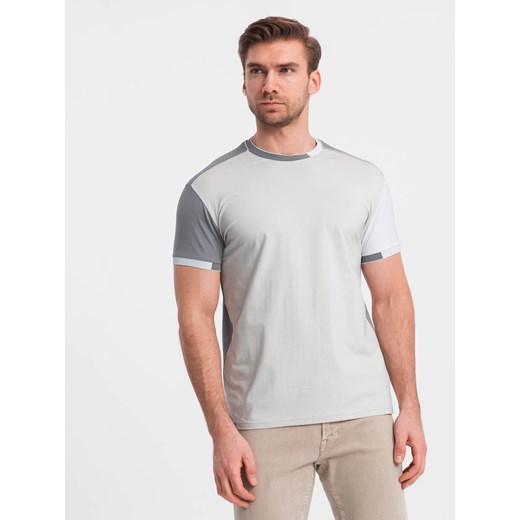 T-shirt męski z elastanem z kolorowymi rękawami - szary V4 OM-TSCT-0176 ze sklepu ombre w kategorii T-shirty męskie - zdjęcie 176306512