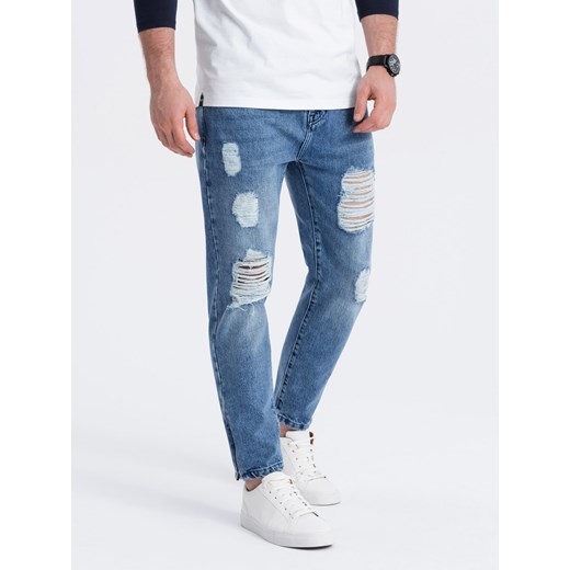 Męskie spodnie jeansowe taper fit z dziurami - niebieskie V3 P1028 ze sklepu ombre w kategorii Jeansy męskie - zdjęcie 176306534