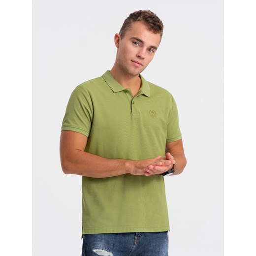 Koszulka męska polo z dzianiny pique - oliwkowy V21 S1374 ze sklepu ombre w kategorii T-shirty męskie - zdjęcie 176307001