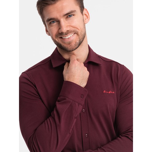 Bawełniana męska koszula REGULAR z dzianiny single jersey - bordowa V3 OM-SHCS-0138 ze sklepu ombre w kategorii Koszule męskie - zdjęcie 176307022