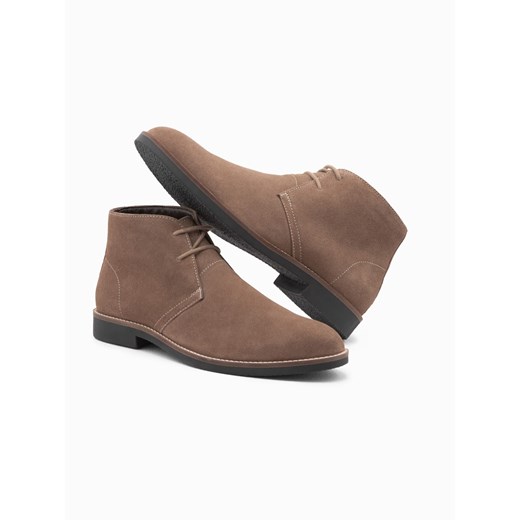 Buty męskie skórzane wiązane za kostkę - ciemnobeżowe V4 OM-FOCS-0136 ze sklepu ombre w kategorii Buty zimowe męskie - zdjęcie 176307094