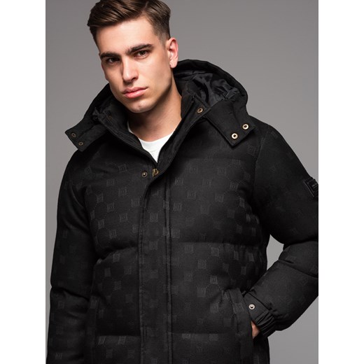 Wzorzysta żakardowa męska kurtka typu puffer – czarna V1 OM-JAHP-0195 ze sklepu ombre w kategorii Kurtki męskie - zdjęcie 176307274