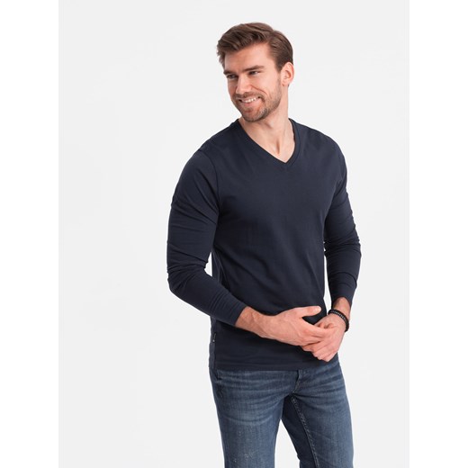 Męski longsleeve bez nadruku z dekoltem w serek - granatowy V5 OM-LSBL-0108 ze sklepu ombre w kategorii T-shirty męskie - zdjęcie 176307430