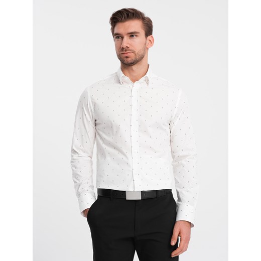 Klasyczna męska bawełniana koszula SLIM FIT w kotwice - biała V3 OM-SHCS-0156 ze sklepu ombre w kategorii Koszule męskie - zdjęcie 176307530