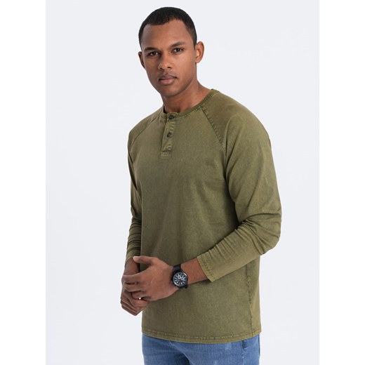 Longsleeve męski washowany henley z raglanowymi rękawami - ciemnooliwkowy V4 M ombre
