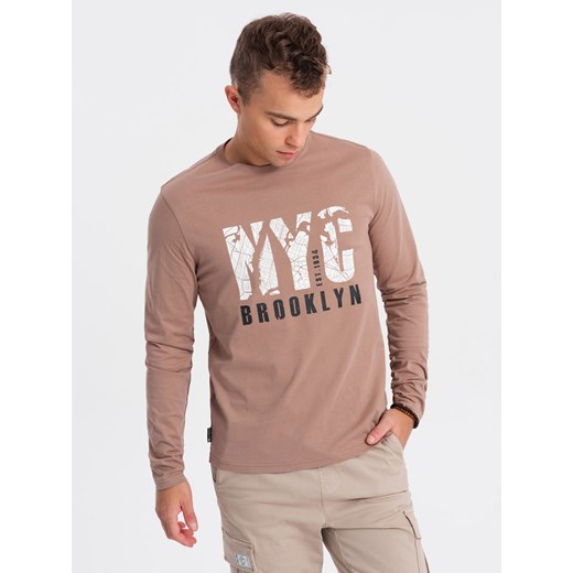 Longsleeve męski z nadrukiem motywu mapy - jasnobrązowy V1 OM-LSPT-0115 ze sklepu ombre w kategorii T-shirty męskie - zdjęcie 176308553